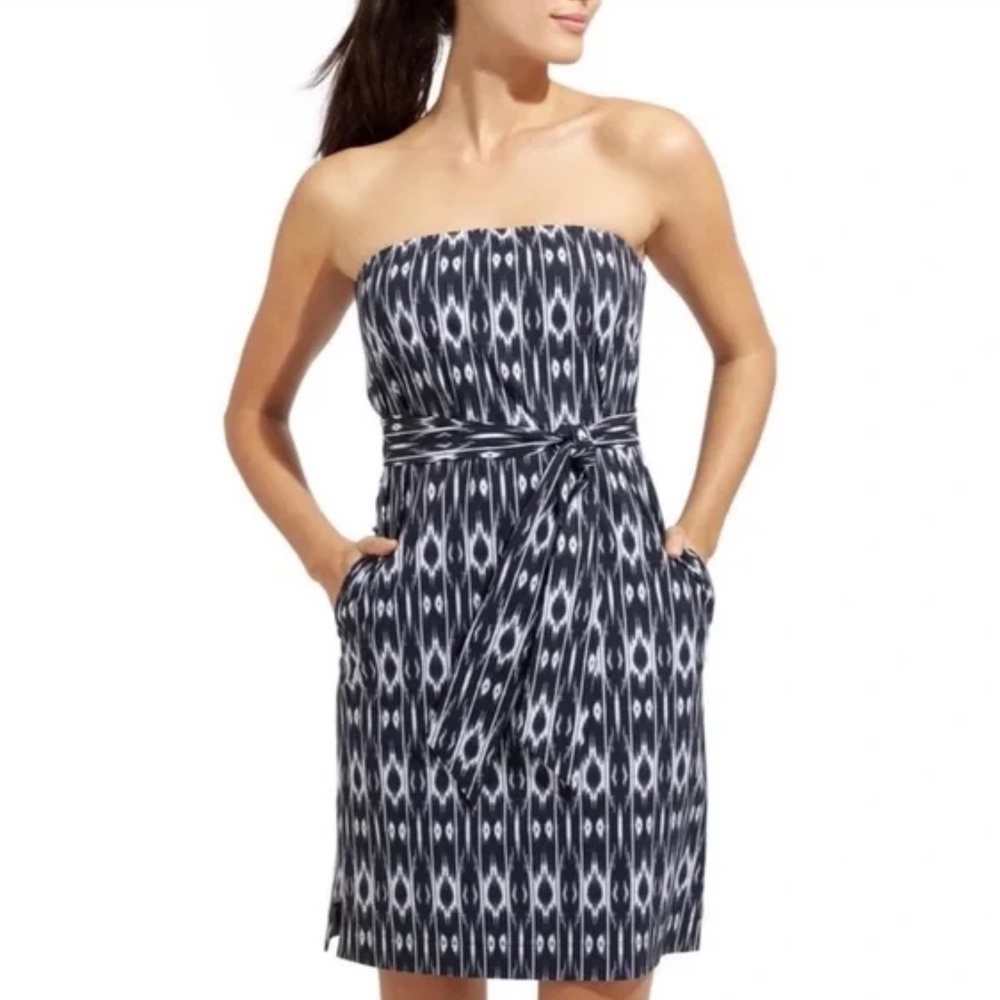Athleta Anywhere Strapless Dress (Navy White Ikat with Athleisure Bow)